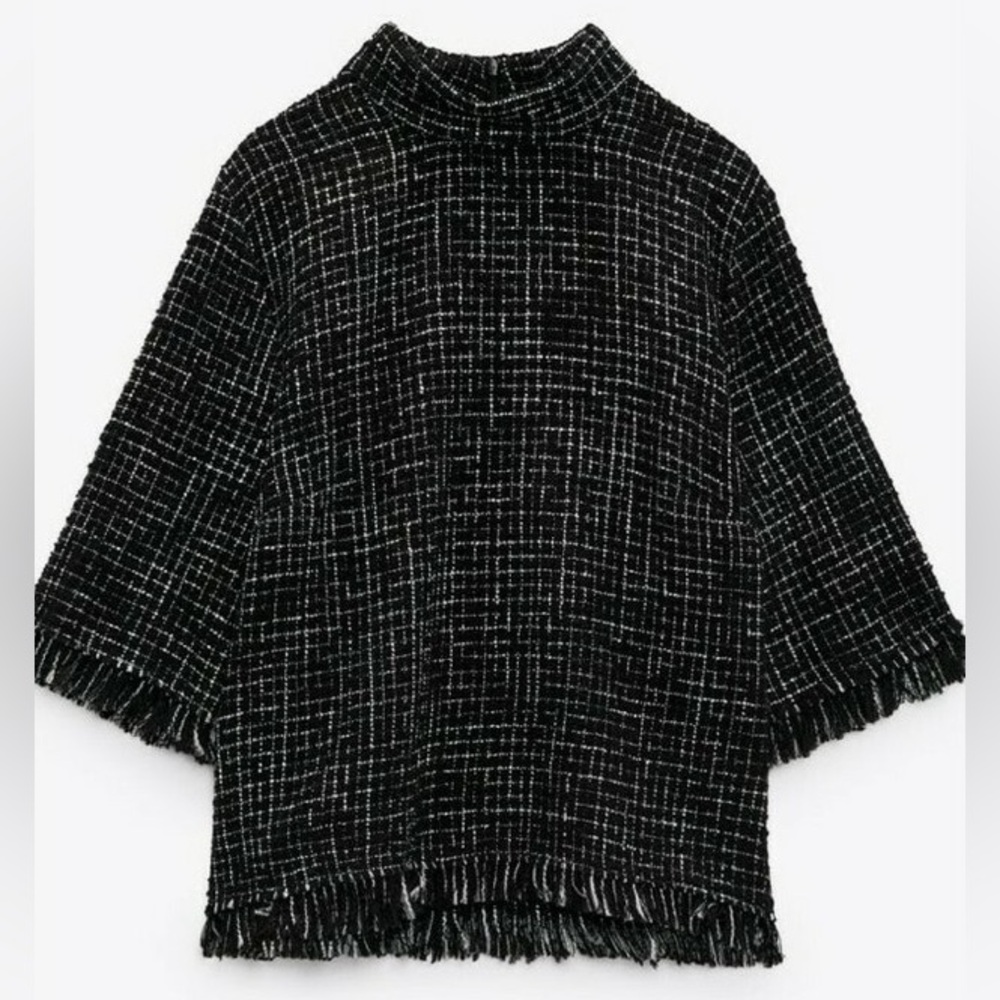 Zara (M) Black/White Tweed Frayed Hem Mock Neck Midlength Sleeve Top - Office